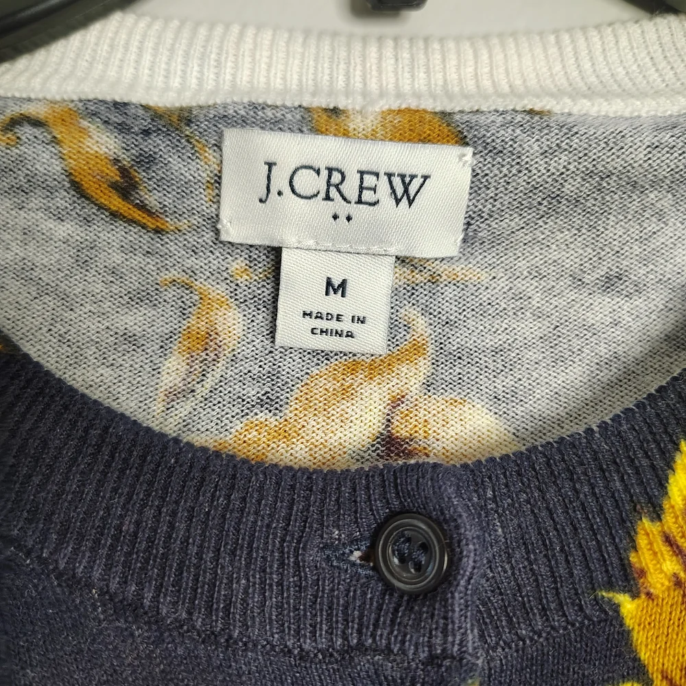 JCrew Blue Yellow Floral Sunflower Lightweight Cardigan Sweater Women's Medium